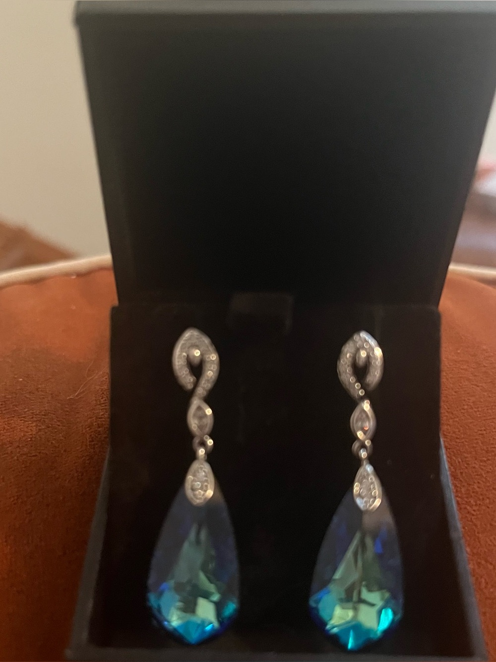 Kate Lynn Silver-Tone Dangle Earrings with Blue-Green Teardrop Crystals